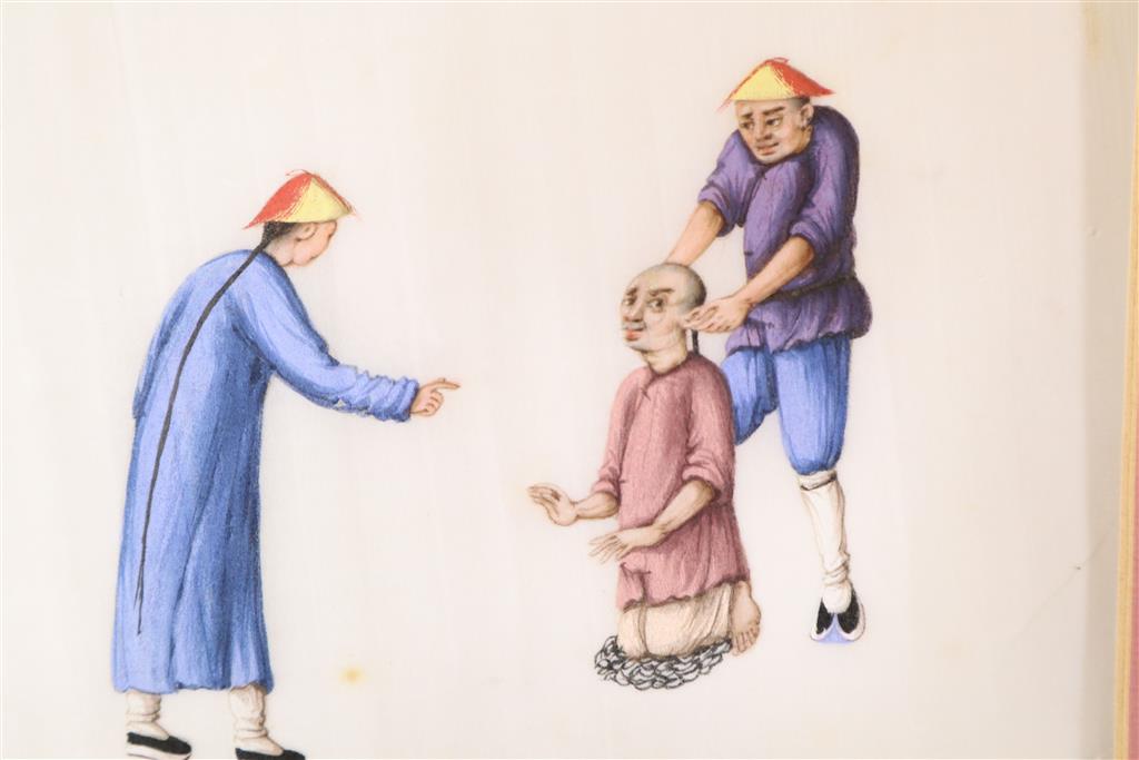 19th century Chinese School, three gouache on watercolour, Torture and execution scenes, 16 x 19cm